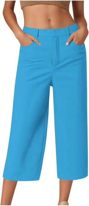 Capri Pants for Women Summer Casual Wide Leg Capris Stretch High Waisted Crop Yoga Dress Pants with Pockets