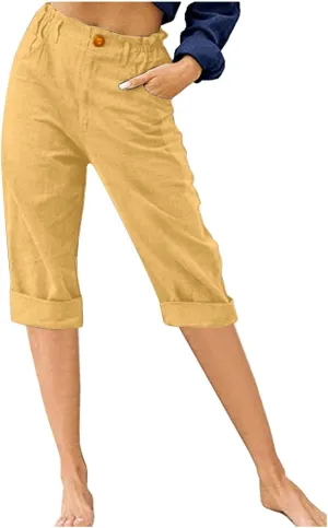 Capri Pants for Women Summer Trendy Elastic Waist Cropped Trousers Straight Leg Resort Wear Beach Vacation Outfit