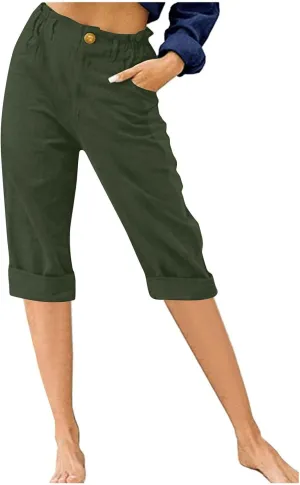 Capri Pants for Women Summer Trendy Elastic Waist Cropped Trousers Straight Leg Resort Wear Beach Vacation Outfit