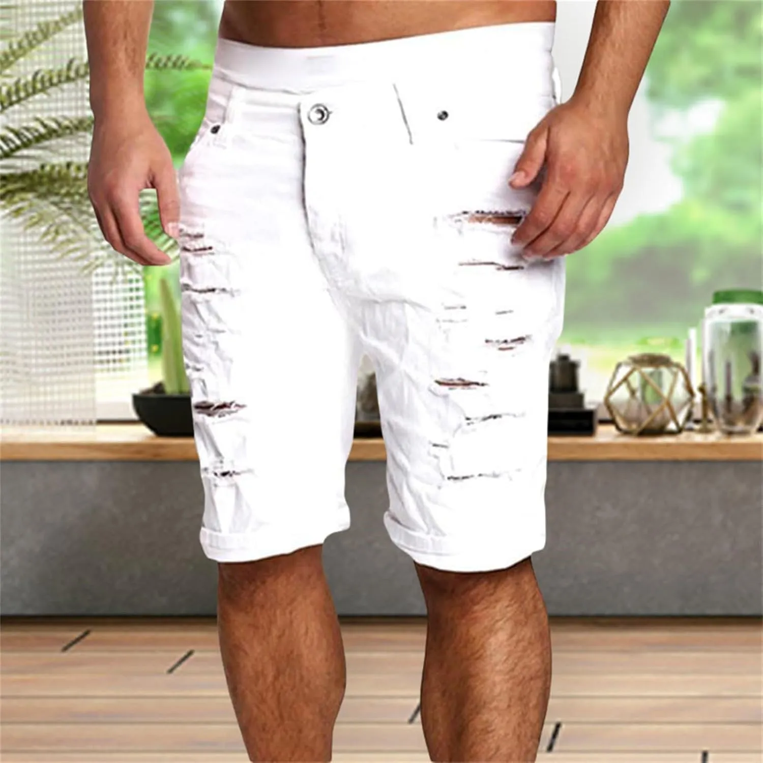 Casual Denim Shorts for Men Stretch Slim Fit Washed Distressed Hole Ripped Roll Up Hem Moto Biker Jean Shorts with Pockets