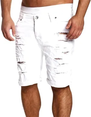 Casual Denim Shorts for Men Stretch Slim Fit Washed Distressed Hole Ripped Roll Up Hem Moto Biker Jean Shorts with Pockets