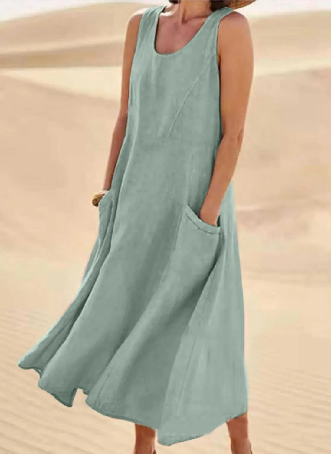 CHARTOU Women Summer Cotton Linen Tank Maxi Dress Flowy Boho Beach Sundress Swing Long Sleeveless Tunic Dress with Pockets