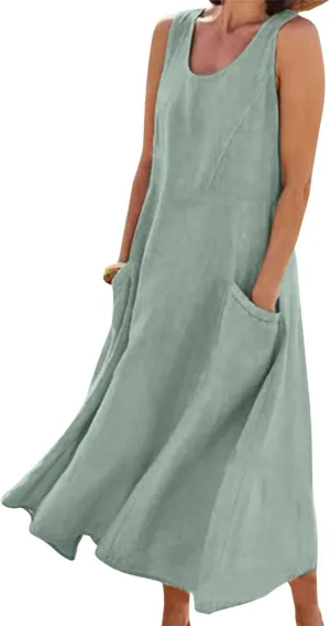 CHARTOU Women Summer Cotton Linen Tank Maxi Dress Flowy Boho Beach Sundress Swing Long Sleeveless Tunic Dress with Pockets