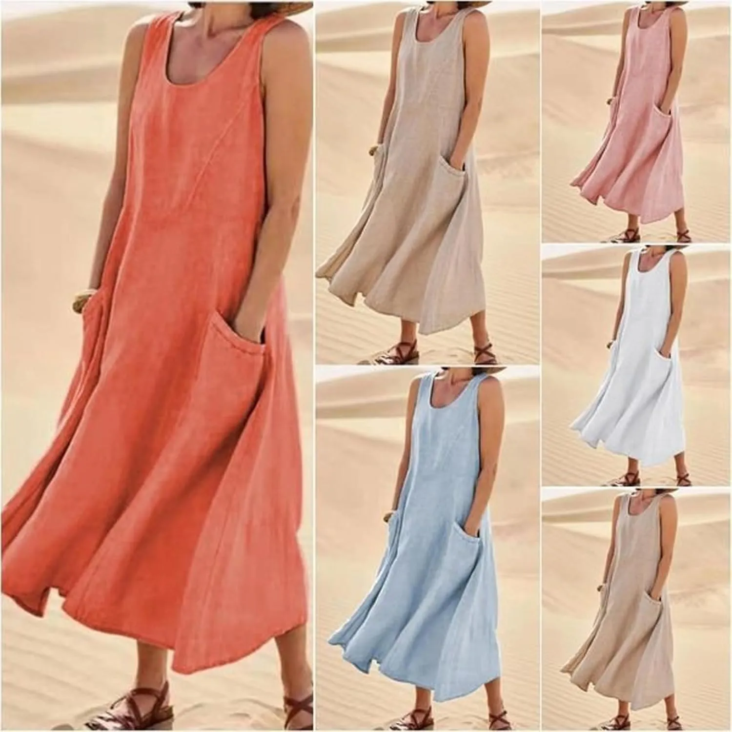 CHARTOU Women Summer Cotton Linen Tank Maxi Dress Flowy Boho Beach Sundress Swing Long Sleeveless Tunic Dress with Pockets
