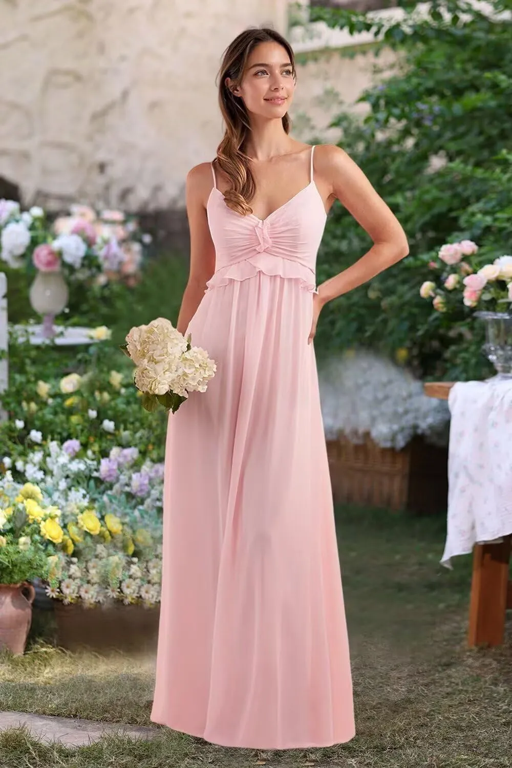Chiffon Bridesmaid Dresses for Women Spaghetti Straps V Neck Ruffle Formal Evening Party Dress
