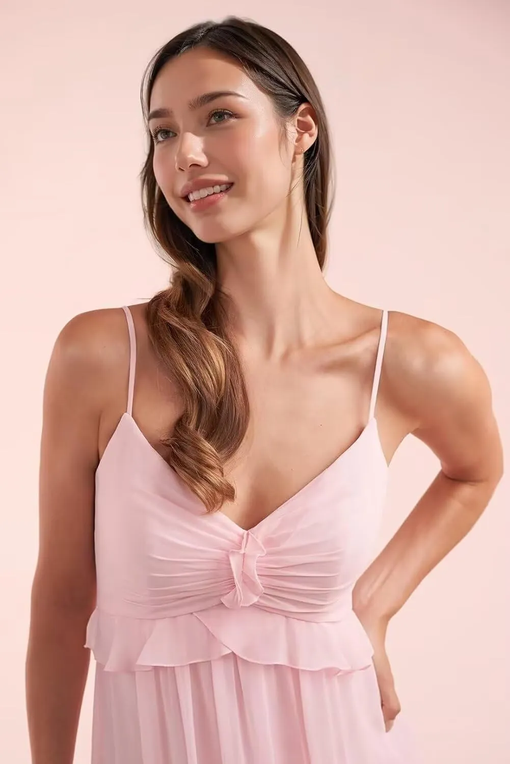 Chiffon Bridesmaid Dresses for Women Spaghetti Straps V Neck Ruffle Formal Evening Party Dress