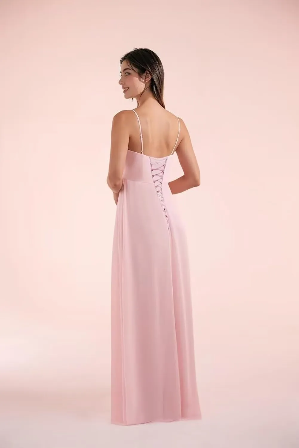 Chiffon Bridesmaid Dresses for Women Spaghetti Straps V Neck Ruffle Formal Evening Party Dress