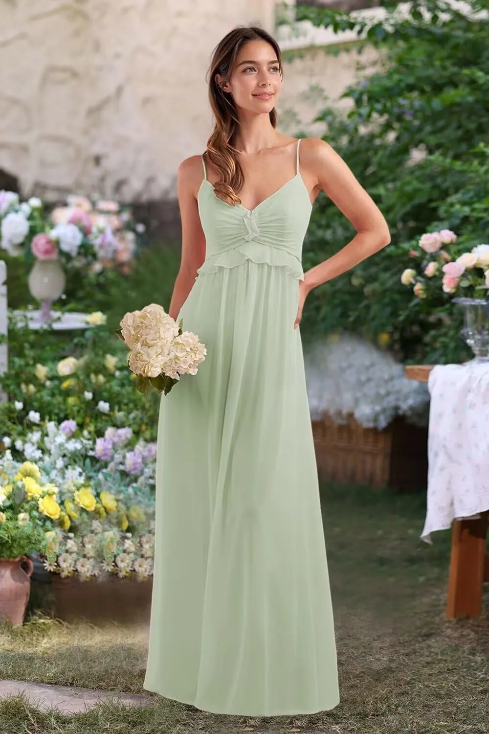 Chiffon Bridesmaid Dresses for Women Spaghetti Straps V Neck Ruffle Formal Evening Party Dress