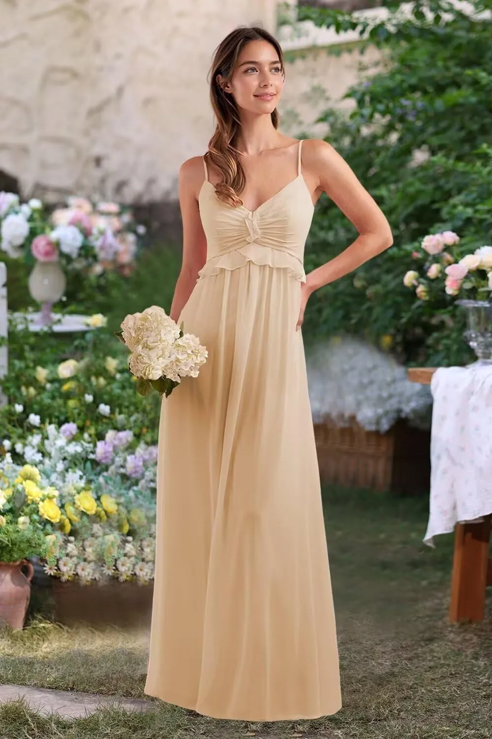 Chiffon Bridesmaid Dresses for Women Spaghetti Straps V Neck Ruffle Formal Evening Party Dress