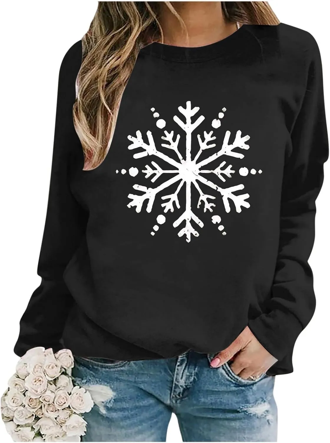 Christmas Sweatshirt for Women Snowflake Graphic Long Sleeve Casual Pullover Drop Shoulder Crewneck Trendy Clothes