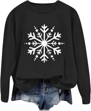 Christmas Sweatshirt for Women Snowflake Graphic Long Sleeve Casual Pullover Drop Shoulder Crewneck Trendy Clothes