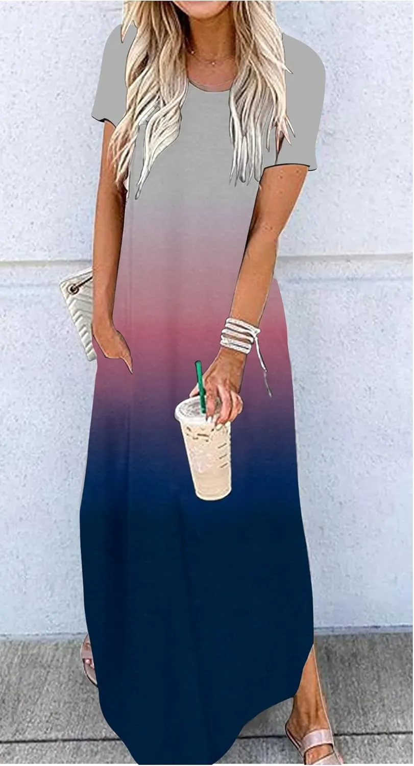 CHUNTIANRAN Summer Casual Loose Short Sleeve Maxi Dress for Women Vacation Beach Long T Shirts Dresses Vacation Outfits