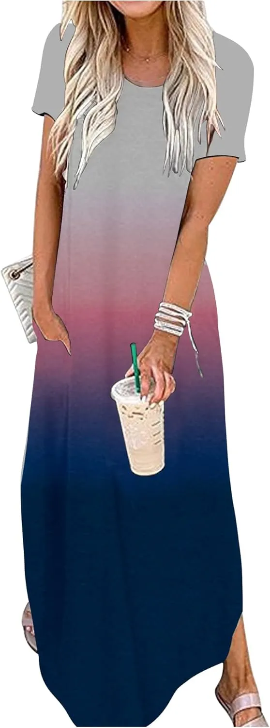 CHUNTIANRAN Summer Casual Loose Short Sleeve Maxi Dress for Women Vacation Beach Long T Shirts Dresses Vacation Outfits