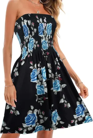 Comeon Women Off Shoulder Strapless Sleeveless Tube Top Dress Floral Summer Beach Coverup Flowy Midi Dress