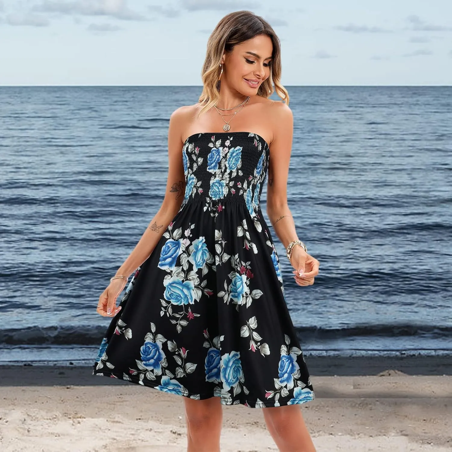 Comeon Women Off Shoulder Strapless Sleeveless Tube Top Dress Floral Summer Beach Coverup Flowy Midi Dress
