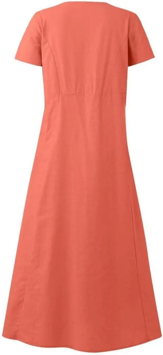 Cotton Linen Dress for Women Summer Short Sleeve Solid Sundress Casual Baggy Flowy Beach Maxi Dresses with Pockets