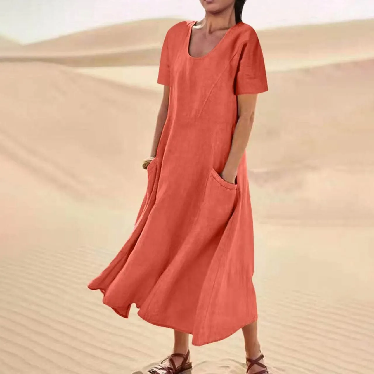 Cotton Linen Dress for Women Summer Short Sleeve Solid Sundress Casual Baggy Flowy Beach Maxi Dresses with Pockets
