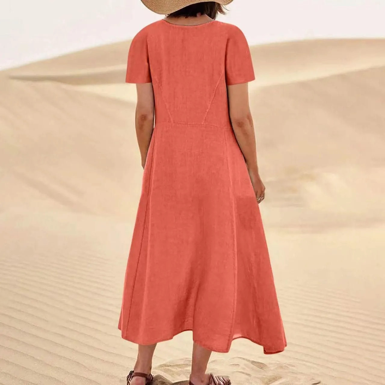 Cotton Linen Dress for Women Summer Short Sleeve Solid Sundress Casual Baggy Flowy Beach Maxi Dresses with Pockets