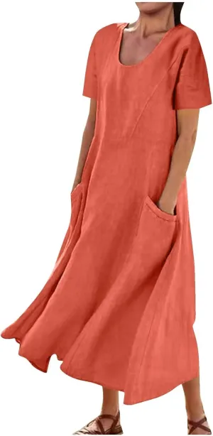 Cotton Linen Dress for Women Summer Short Sleeve Solid Sundress Casual Baggy Flowy Beach Maxi Dresses with Pockets