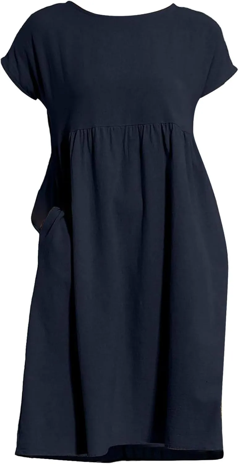 Cotton Linen Dresses for Women 2024 Casual High Waisted Pleated Short Sleeves Midi Dress Loose Pockets Beach Sundress