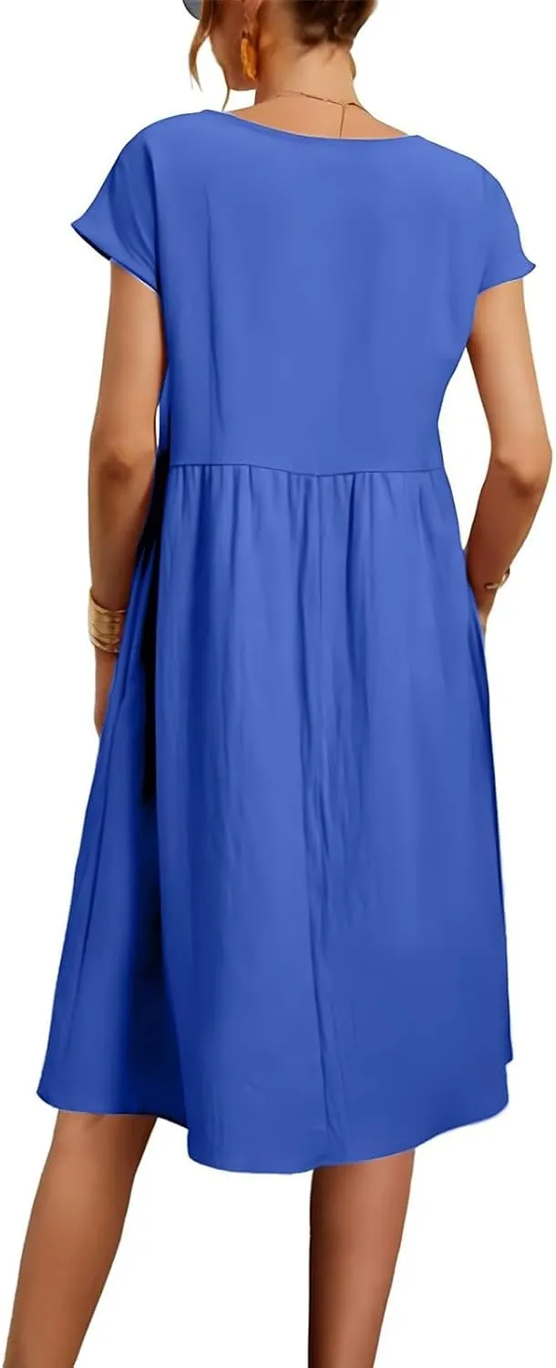 Cotton Linen Dresses for Women 2024 Casual High Waisted Pleated Short Sleeves Midi Dress Loose Pockets Beach Sundress