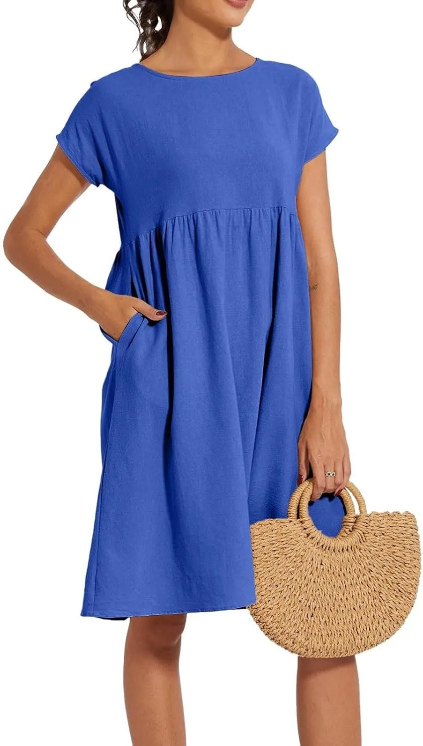 Cotton Linen Dresses for Women 2024 Casual High Waisted Pleated Short Sleeves Midi Dress Loose Pockets Beach Sundress