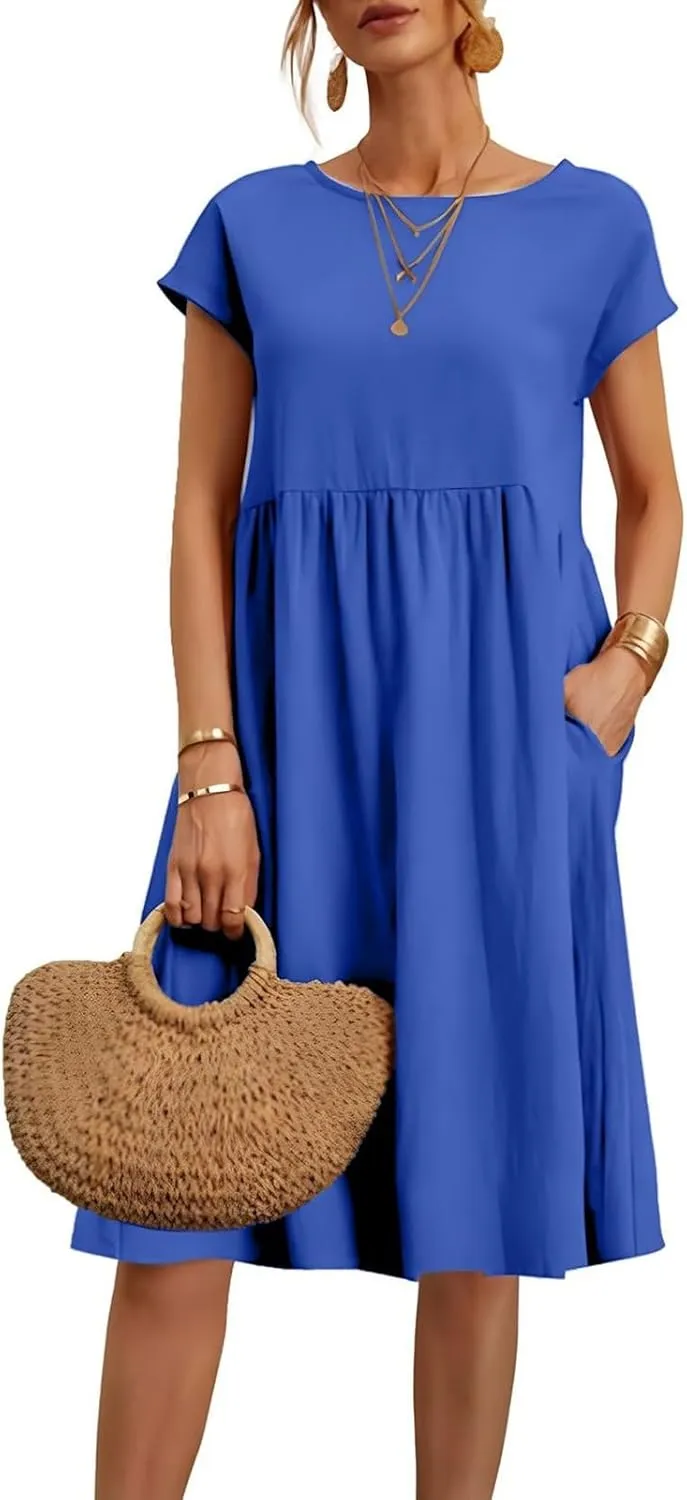 Cotton Linen Dresses for Women 2024 Casual High Waisted Pleated Short Sleeves Midi Dress Loose Pockets Beach Sundress