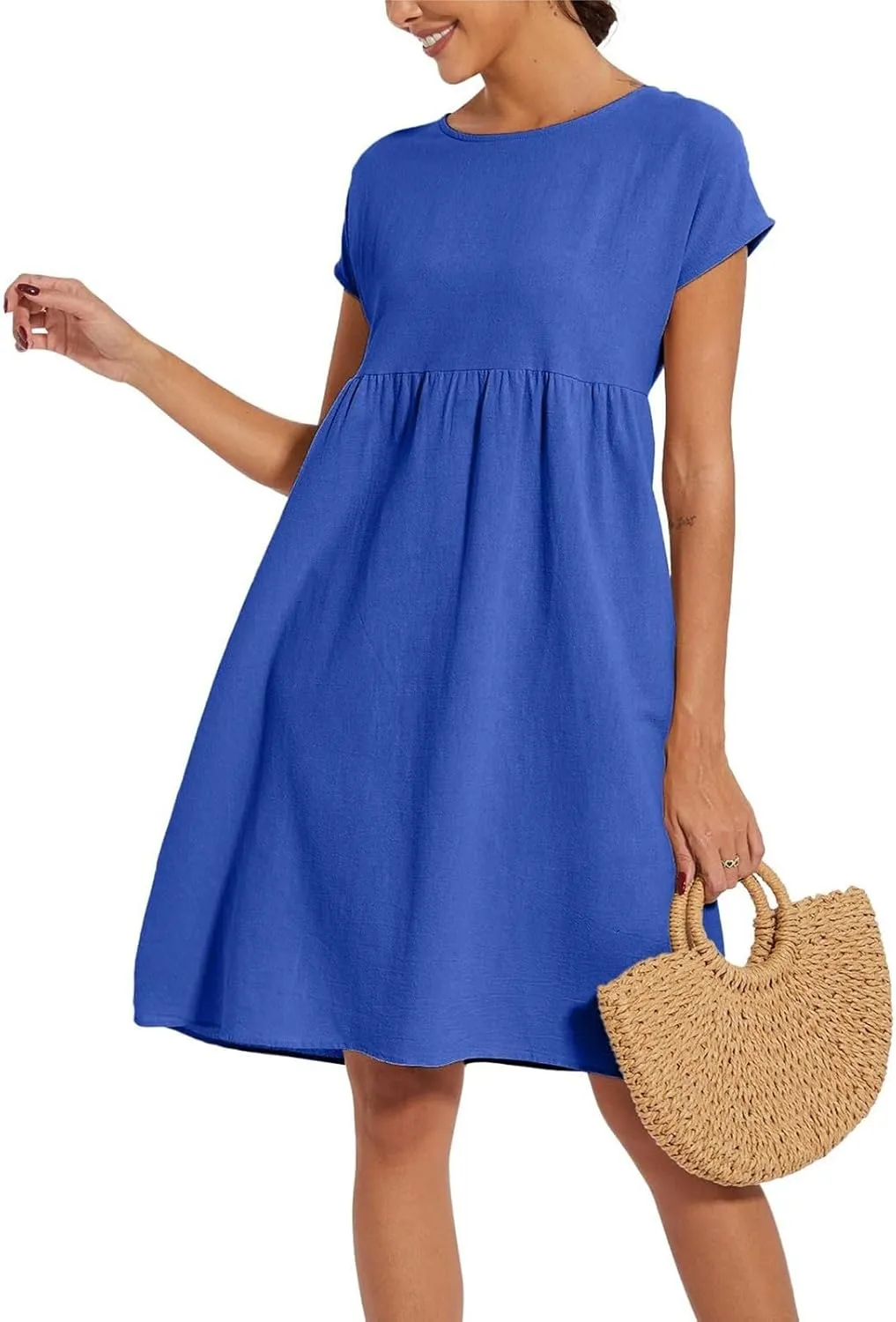 Cotton Linen Dresses for Women 2024 Casual High Waisted Pleated Short Sleeves Midi Dress Loose Pockets Beach Sundress