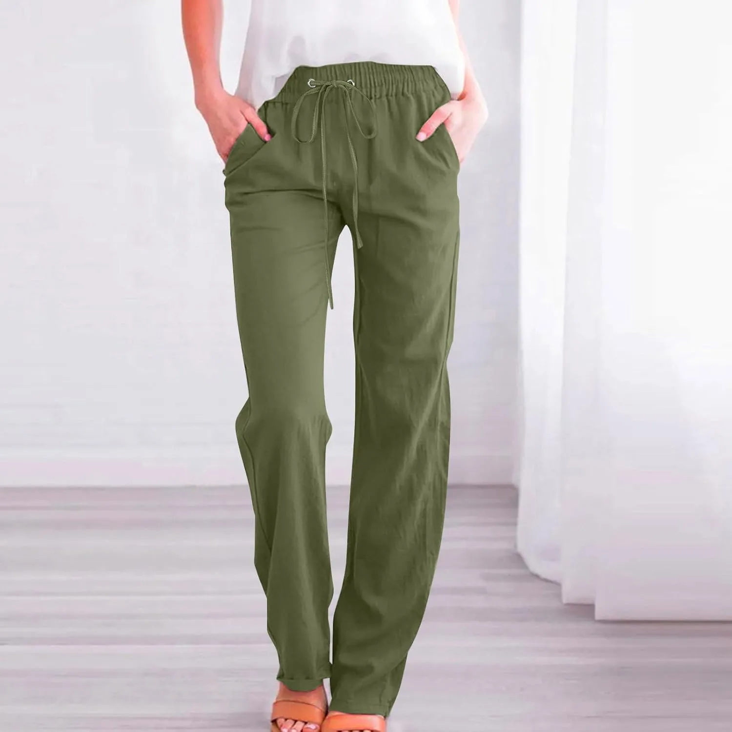 Cotton Linen Pants for Women Straight Leg Drawstring High Waist Trousers Relaxed Fit Elastic Waist Lounge Long Trouser