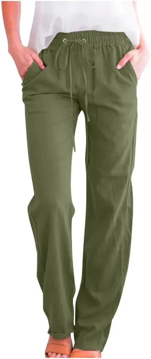 Cotton Linen Pants for Women Straight Leg Drawstring High Waist Trousers Relaxed Fit Elastic Waist Lounge Long Trouser