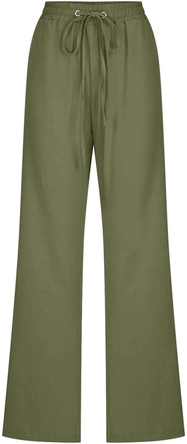 Cotton Linen Pants for Women Straight Leg Drawstring High Waist Trousers Relaxed Fit Elastic Waist Lounge Long Trouser