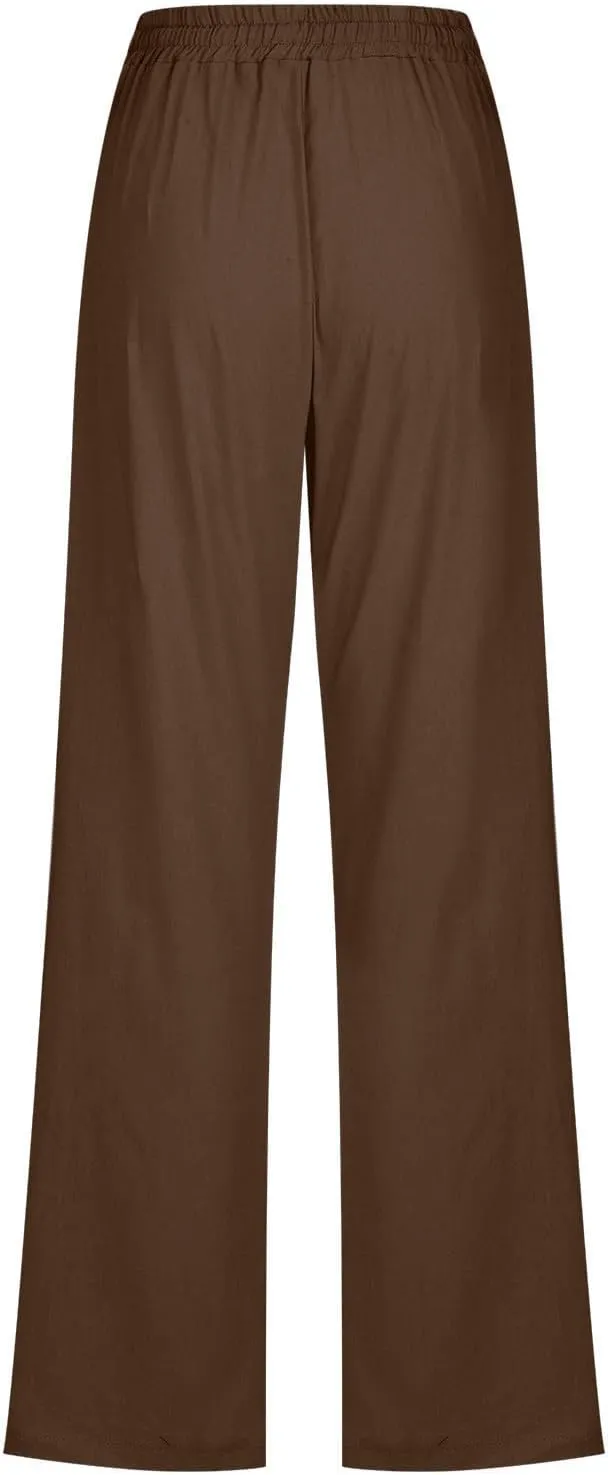 Cotton Linen Pants for Women Straight Leg Drawstring High Waist Trousers Relaxed Fit Elastic Waist Lounge Long Trouser