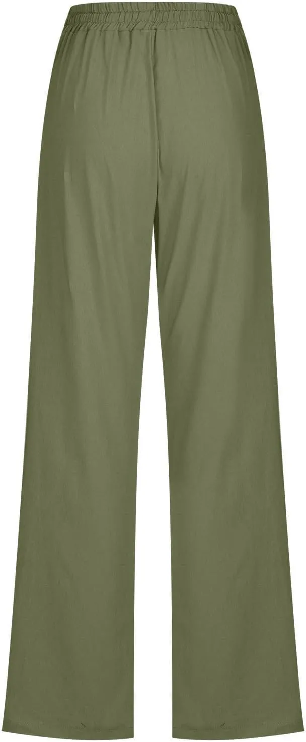 Cotton Linen Pants for Women Straight Leg Drawstring High Waist Trousers Relaxed Fit Elastic Waist Lounge Long Trouser