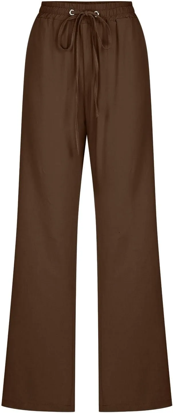 Cotton Linen Pants for Women Straight Leg Drawstring High Waist Trousers Relaxed Fit Elastic Waist Lounge Long Trouser