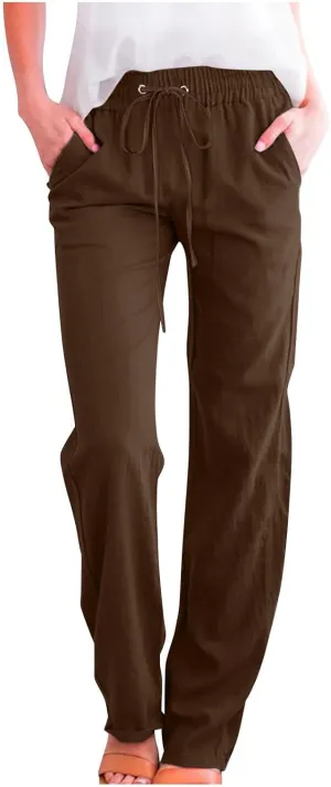 Cotton Linen Pants for Women Straight Leg Drawstring High Waist Trousers Relaxed Fit Elastic Waist Lounge Long Trouser