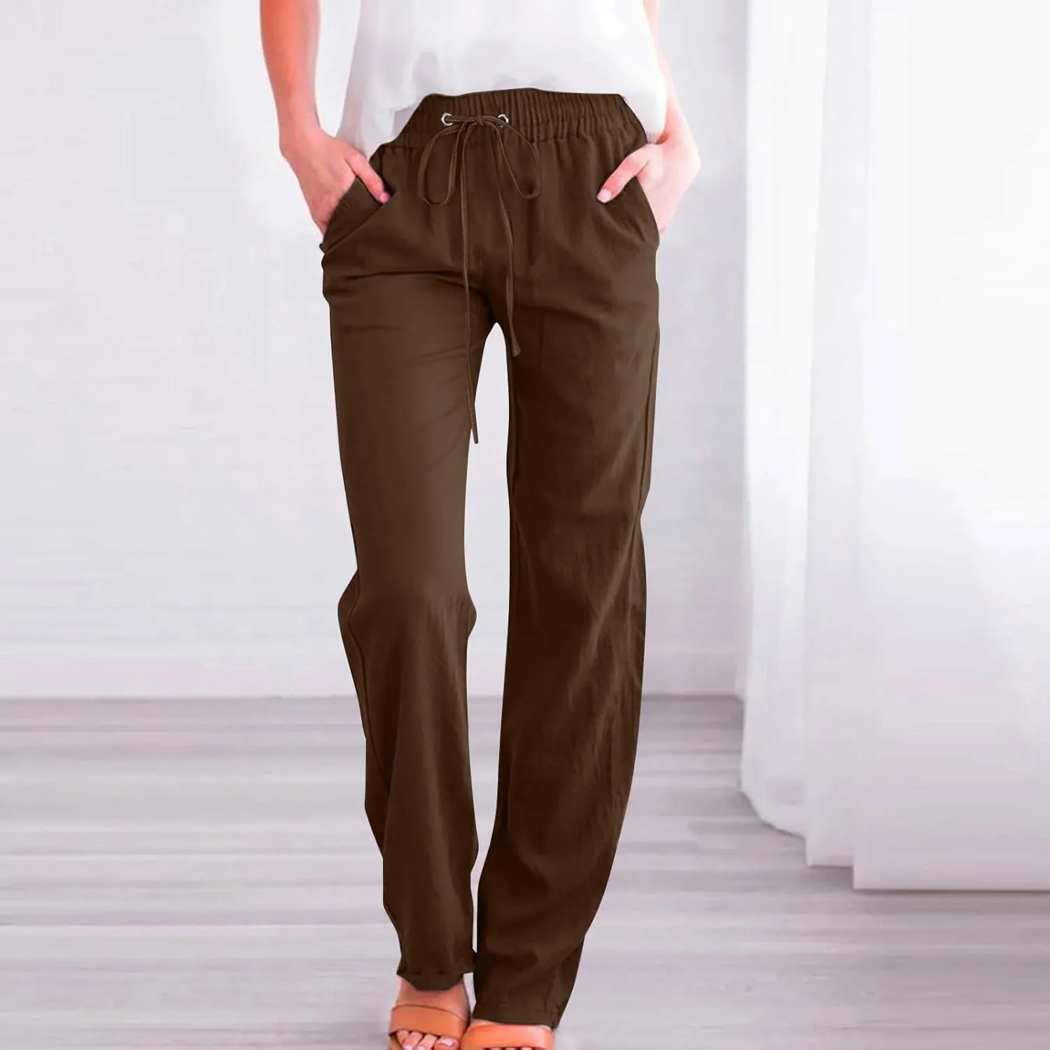 Cotton Linen Pants for Women Straight Leg Drawstring High Waist Trousers Relaxed Fit Elastic Waist Lounge Long Trouser