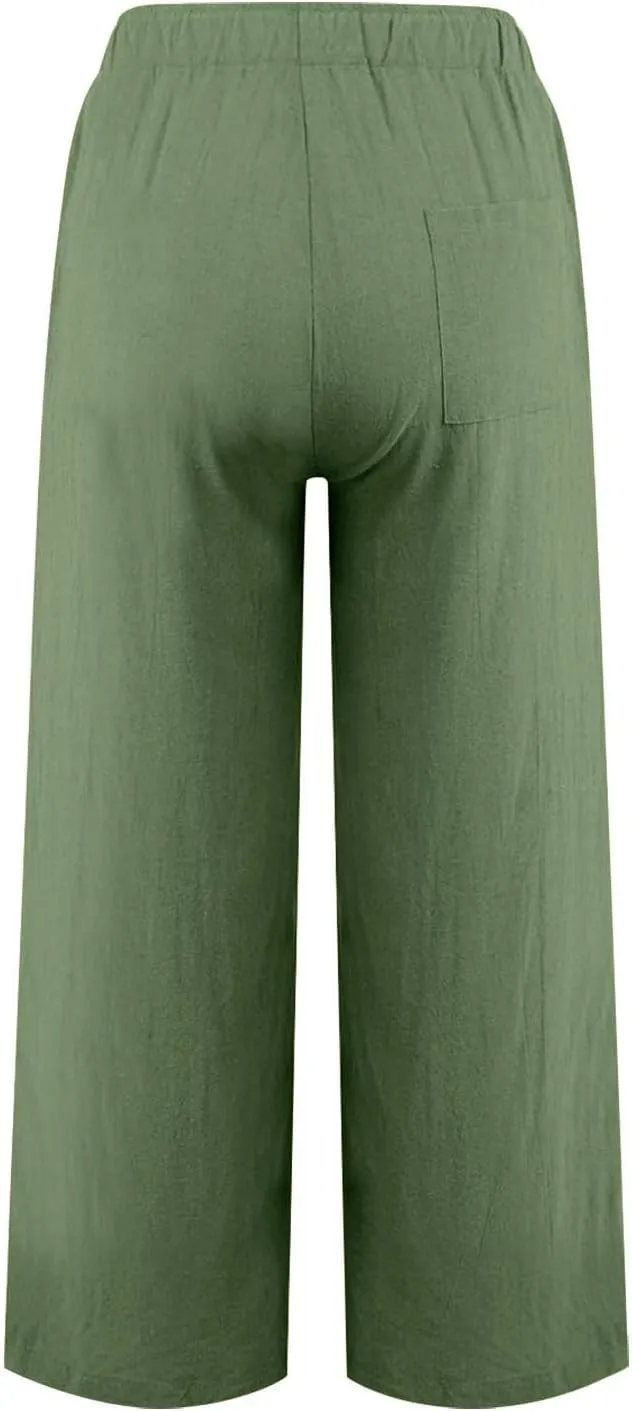 Cotton Linen Pants Women Summer Wide Leg Casual Loose Trousers Drawstring High Waist Palazzo Pants with Pockets 2025