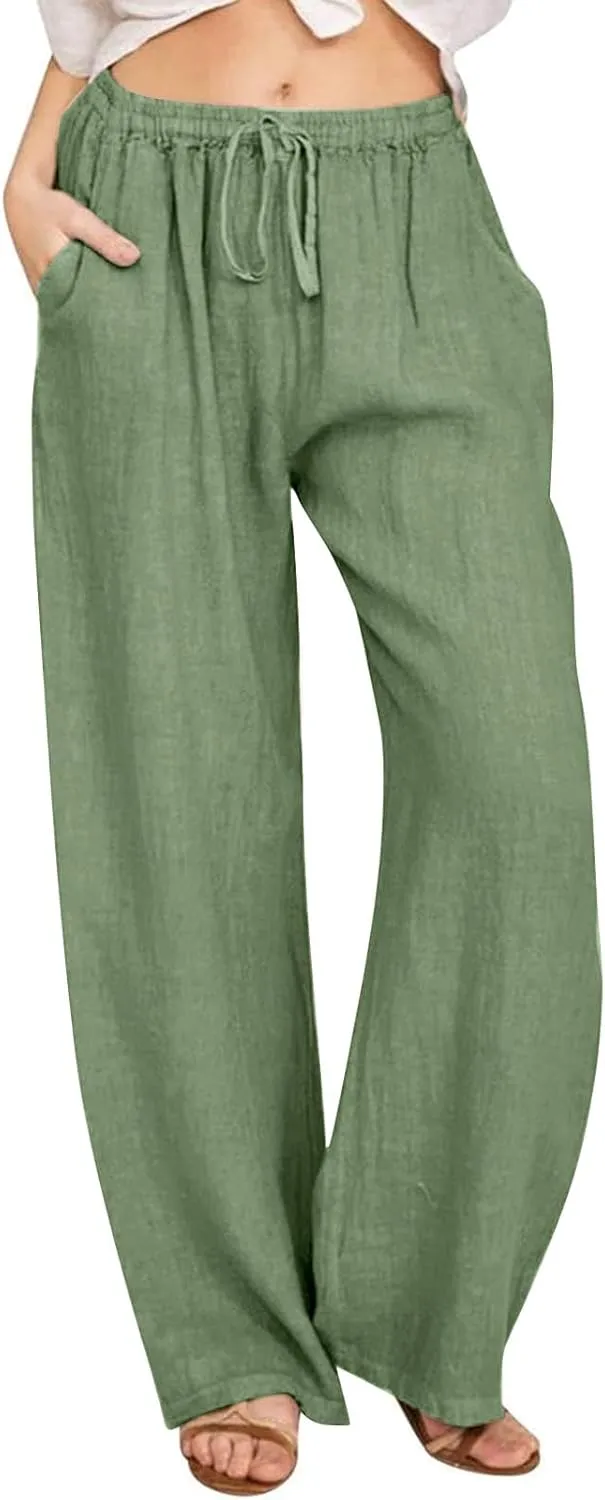 Cotton Linen Pants Women Summer Wide Leg Casual Loose Trousers Drawstring High Waist Palazzo Pants with Pockets 2025