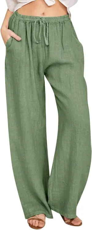 Cotton Linen Pants Women Summer Wide Leg Casual Loose Trousers Drawstring High Waist Palazzo Pants with Pockets 2025