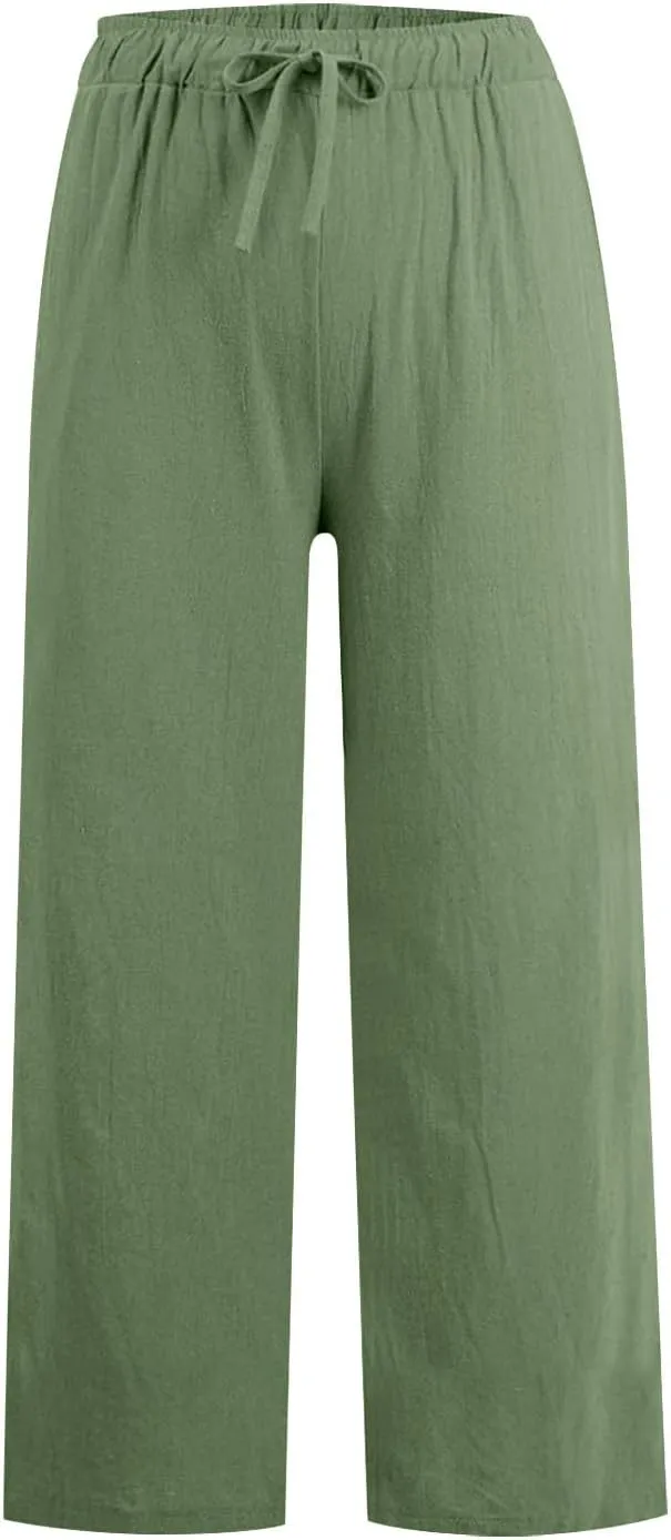 Cotton Linen Pants Women Summer Wide Leg Casual Loose Trousers Drawstring High Waist Palazzo Pants with Pockets 2025