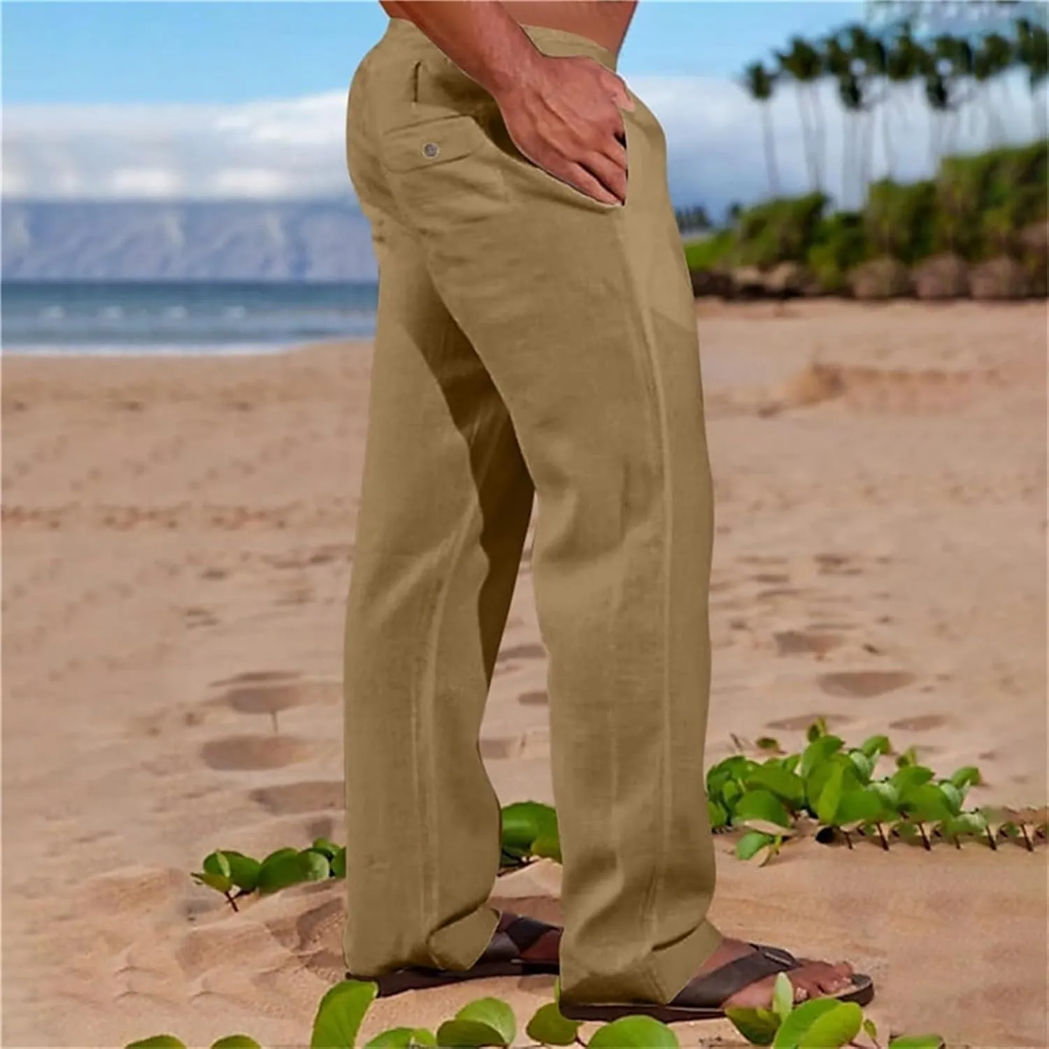CRNTCEM Mens Casual Cotton Linen Pants Soft Comfy Outdoor Hiking Camping Pant Lightweight Solid Vacation Yoga Beach Pants