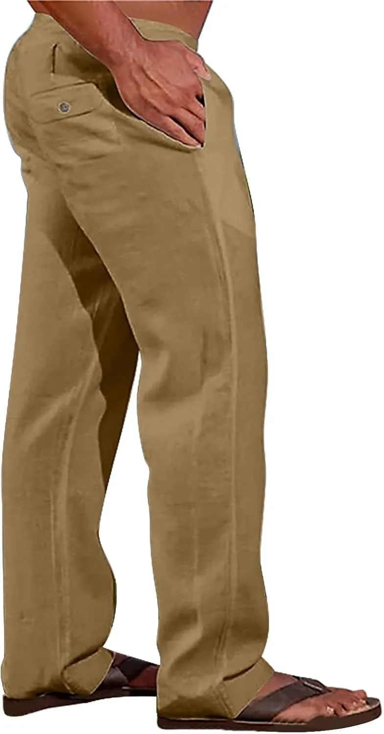 CRNTCEM Mens Casual Cotton Linen Pants Soft Comfy Outdoor Hiking Camping Pant Lightweight Solid Vacation Yoga Beach Pants