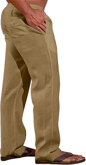 CRNTCEM Mens Casual Cotton Linen Pants Soft Comfy Outdoor Hiking Camping Pant Lightweight Solid Vacation Yoga Beach Pants