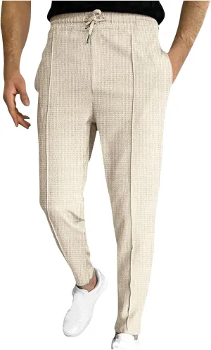Ctreela Men's Casual Dress Pants Skinny Chino Pants Waffle Tapered Pants Flat Front Slacks Slim-Fit Elastic Waist Trousers