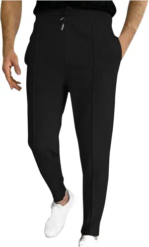 Ctreela Men's Casual Dress Pants Skinny Chino Pants Waffle Tapered Pants Flat Front Slacks Slim-Fit Elastic Waist Trousers