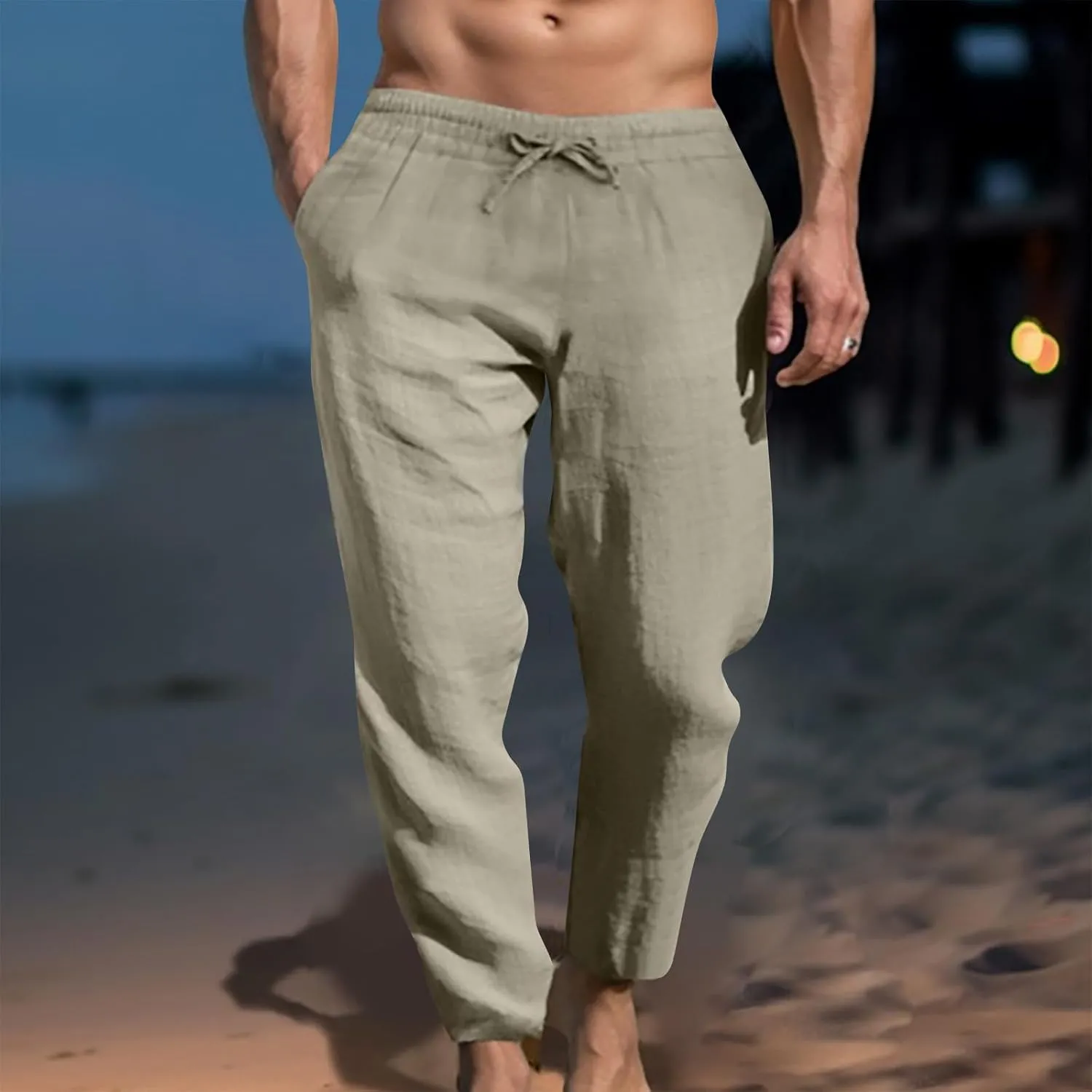 Ctreela Men's Summer Linen Pants Casual Lightweight Drawstring Elastic Waist Beach Pants Straight Leg Breathable Yoga Pants