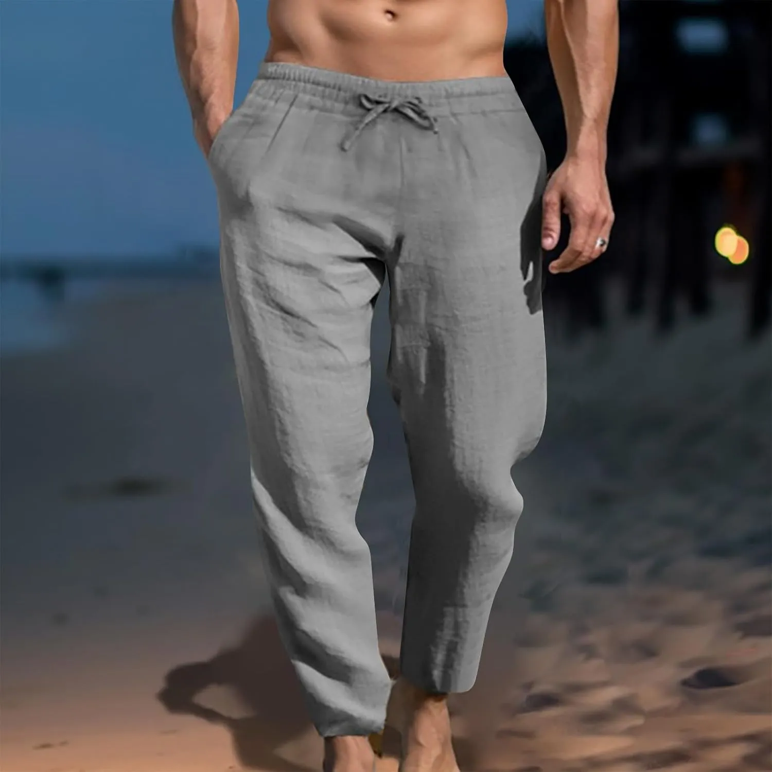 Ctreela Men's Summer Linen Pants Casual Lightweight Drawstring Elastic Waist Beach Pants Straight Leg Breathable Yoga Pants