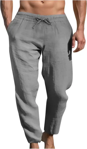 Ctreela Men's Summer Linen Pants Casual Lightweight Drawstring Elastic Waist Beach Pants Straight Leg Breathable Yoga Pants
