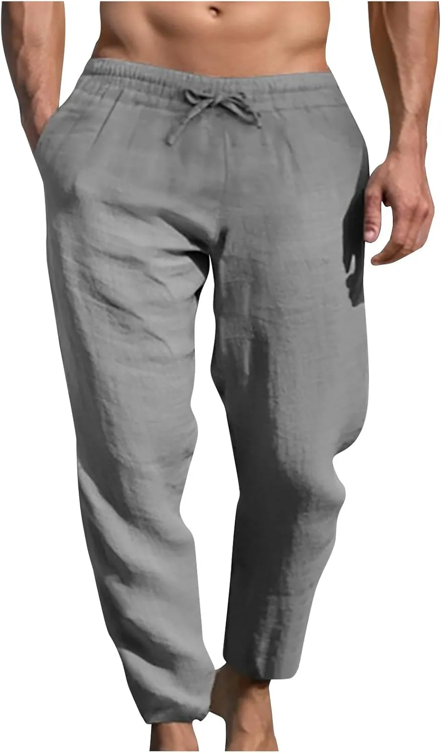Ctreela Men's Summer Linen Pants Casual Lightweight Drawstring Elastic Waist Beach Pants Straight Leg Breathable Yoga Pants