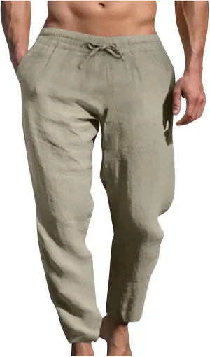 Ctreela Men's Summer Linen Pants Casual Lightweight Drawstring Elastic Waist Beach Pants Straight Leg Breathable Yoga Pants
